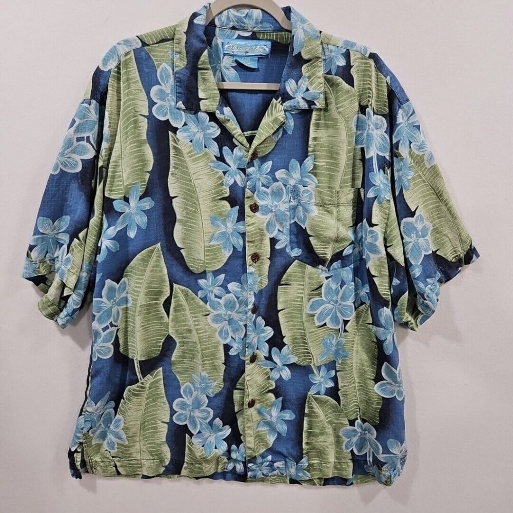 Bermuda Bay Mens Hawaiian Tropical Floral Beach Silk Shirt Blue Green XL